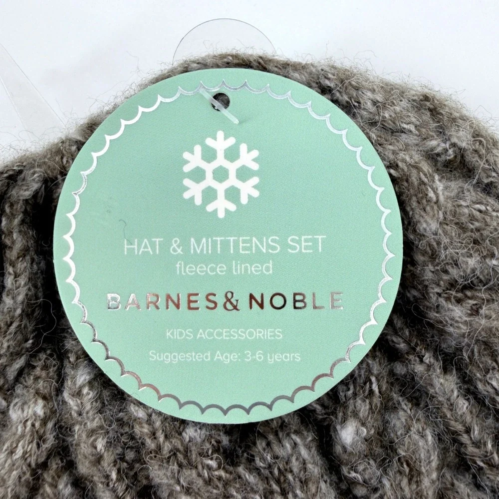 Barnes & Noble Reindeer Hat Mittens Set Kids 3-6Y Gray Fleece Lined Cable Knit